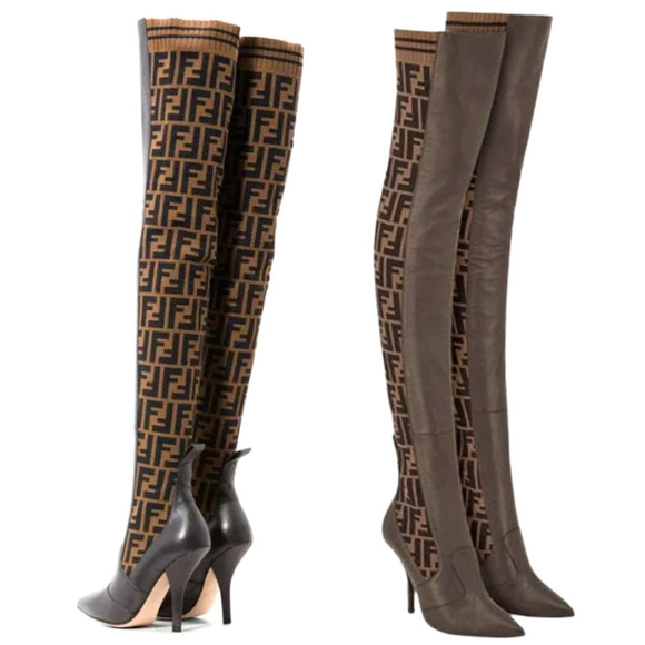 Fendi Boots Thigh High Boots FF Logo Rockoko Colibri‎ Leather Knit Heels EU 38.5